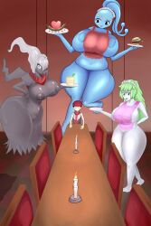 5_fingers 5_toes absurd_res apron apron_only areola ass big_breasts big_butt black_body blue_body blush breasts burger candle chair clothing darkrai feet female fingers food furniture generation_4_pokemon group hand_behind_back headgear headwear hi_res huge_breasts human humanoid kouki_(pokemon) land_forme_shaymin legendary_pokemon lucas_(pokemon) male mammal manaphy nintendo nipples plate pokémon_(species) pokemon pokemon_(species) shaymin shaymin_(land_form) slightly_chubby surusketch table thick_thighs toes uninterested white_body