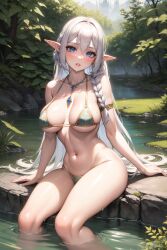 1girls ai_generated big_breasts blush braided_hair cleavage creek dripping_wet elf full_body legs_in_water micro_bikini necklace original original_character sitting slim_waist stable_diffusion suprised white_hair woods