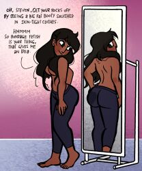 ass connie_maheswaran dark-skinned_female dark_hair dirty_thoughts hair_covering_breasts handprint handprint_on_ass indian_female long_hair looking_at_own_ass looking_at_reflection married_woman santan999 smiling steven_universe text topless topless_female underboob