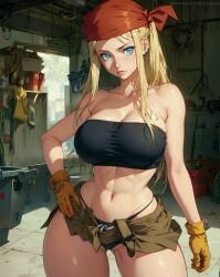 abs ai_generated bandana bandeau big_breasts blonde_hair blue_eyes breasts curvy fit fit_female fullmetal_alchemist gloves looking_at_viewer skizzen sweat thick thick_thighs thigh_gap thin_waist tubetop wet wide_hips winry_rockbell workshop