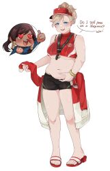 2girls belly_grab chibi chubby chubby_female embarrassed lifeguard lifeguard_mercy mercy muffin_top multiple_girls overwatch overwatch_2 overweight overweight_female pharah plump sandals skindentation sweatdrop tapachki thumbs_up weight_conscious weight_gain yuri