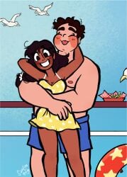 1boy1girl bigger_male canon_couple chubby_male connie_maheswaran dark-skinned_female hand_on_head hugging_from_behind indian_female light-skinned_male looking_at_viewer safe_for_work santan999 smiling_at_viewer steven_quartz_universe steven_universe steven_universe_future straight wholesome