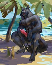 abs animal_genitalia animal_penis anthro balls beach black_body black_fur bottle canid canine canine_genitalia canine_penis canis chair closed_eyes container erection feet fur furniture genitals hi_res humanoid_feet kodr light male mammal musclegut muscular nsfw nsfw_version penis plant plantigrade seaside solo solo_focus sunlight tree water wolf