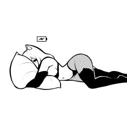 1girls 2023 animal_ears battery_indicator bikini black_and_white black_bikini blush breasts cat_ears catgirl closed_eyes cute elbow_gloves fishnets gloves long_gloves low_battery lying navel no_shoes on_side original pillow pillow_hug sleeping tagme tekona thighhighs white_hair