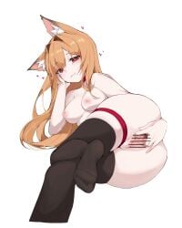 absurdres animal_ear_fluff animal_ears arm_support bar_censor black_thighhighs breasts censored commission etn298 fang_out feet female foot_out_of_frame fox_ears fox_girl head_rest heart highres light_brown_hair long_hair looking_at_viewer medium_breasts no_shoes nude oerba_yun_fang orange_hair original puffy_nipples pussy red_eyes skin_fang smile soles spread_pussy thighhighs toes