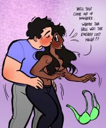 canon_couple closed_eyes comic connie_maheswaran curly_hair dark-skinned_female hair_covering_breasts hand_on_hip indian_female interracial kissing light-skinned_male long_hair married_couple santan999 steven_quartz_universe steven_universe straight surprised surprised_expression text topless topless_female