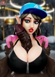 1boy 1girls 3d bimbo bimbo_lips chrisisboi_ dark-skinned_male elf elf_ears elf_female female gold_earrings huge_breasts huge_cock interracial light-skinned_female male male/female paizuri paladins partial_male penis street_style_ying titjob ying_(paladins)