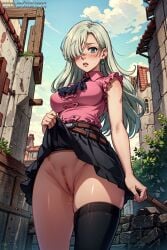 1girls ai_generated blush elizabeth_liones lifting_skirt nanatsu_no_taizai no_panties presenting pubic_hair pussy pussy_juice seven_deadly_sins skirt skirt_lift upskirt vagina vertiloart waitress_uniform white_hair