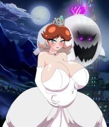 1boy 1girls breasts bridal_gown bridal_veil brown_hair choker cleavage cuck dress elbow_gloves female female_focus hand_on_belly huge_breasts jewelry king_boo looking_at_another luigi's_mansion male mario_(series) night outdoors pregnant pregnant_belly pregnant_female princess_daisy short_hair smile super_mario_bros. super_mario_odyssey wedding_dress wedding_peach_(super_mario_odyssey)_(cosplay) white_dress xml_xrossover(artist)