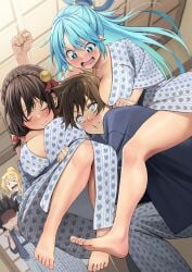 1boy 4girls :i :t anger_vein angry aqua_(konosuba) aqua_hair bare_legs barefoot bath_yukata blonde_hair braid breast_rest breasts breasts_on_head brown_hair carrying cleavage clenched_hands collarbone colored_sclera cuckquean darkness_(konosuba) feet floating_hair hair_ribbon highres indoors izawa_(bhive003) japanese_clothes kimono kono_subarashii_sekai_ni_shukufuku_wo! large_breasts long_hair looking_at_another megumin multiple_girls naked_kimono no_pupils o_o patterned_clothing piggyback princess_carry red_sclera ribbon satou_kazuma shaded_face straight tears toes very_long_hair wide-eyed yukata yunyun_(konosuba)