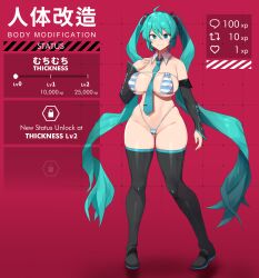 1girls big_breasts big_thighs bikini bikini_bottom bikini_top blue_eyes blue_hair body_modification growth_drive hand_on_breast hatsune_miku hatsune_miku_(collared_bikini) legwear long_hair micro_bikini microphone sinensian sleeves solo_female thighs tie twintails vocaloid