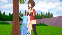 1futa 1girls 3d animated aqua_(konosuba) aqua_hair areolae ass bandage bandaged_leg bangs bare_shoulders breasts brown_hair clothed clothed_futanari clothed_futanari_nude_futanari duo elbow_gloves erection facefuck fellatio futa_on_female futanari goddess hair_between_eyes hair_ornament hair_rings kono_subarashii_sekai_ni_shukufuku_wo! large_breasts large_penis large_testicles light-skinned_female light-skinned_futanari light_skin long_hair megumin miscsfmporn nipples no_pants no_sound on_back outdoors partially_clothed penis red_dress single_thighhigh sky tagme thighhighs tree video wrist_grab