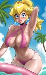 1female 1girls absurdres beach big_breasts big_lips bikini bimbo_lips blonde_hair blue_eyes breasts choker cleavage crown dick_sucking_lips earrings echosaber female female_only innertube lips lipstick long_hair looking_at_viewer mario_(series) nintendo outdoors outside palm_tree partially_submerged pink_bikini pink_lipstick ponytail princess_peach sky solo standing swimsuit thick_lips thick_thighs thighs tied_hair tree tropical_background water