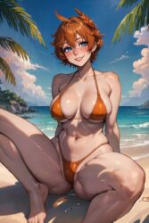 ai_generated beach bikini blue_eyes female g-string_bikini genshin_impact orange_bikini orange_hair rule_63 short_hair space_o_space stable_diffusion tartaglia_(genshin_impact)