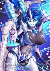 1girls abs arcee arcee_(prime) areolae autobot big_breasts blue_eyes bow_(weapon) breasts busty commission exposed_pussy female female_autobots female_only giant_breasts huge_breasts nipples pussy robot robot_girl smile solo transformers transformers_prime umeta vagina watermark