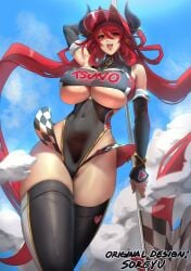 1girls arm_up armpits breasts eu03 flag horns large_breasts leotard long_hair original original_character outdoors red_hair sky solo thighhighs tsunoko twintails underboob very_long_hair