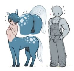 2boys animal_genitalia anus ass blue_hair bulge centaur clothing equid equid_taur equine_genitalia erection femboy genitals girly hair heart human humanoid_taur larger_human lonely_cri male male/male male_centaur male_only mammal mammal_taur multiple_boys nervous original overalls size_difference tagme taur