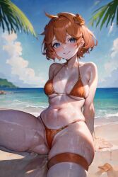 ai_generated beach bikini blue_eyes female g-string_bikini genshin_impact orange_bikini orange_hair rule_63 short_hair space_o_space stable_diffusion tartaglia_(genshin_impact)