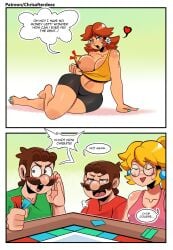 2boys 2girls alternate_outfit areolae big_breasts bimbo blonde_hair blue_eyes breasts brown_hair crop_top flashing funny luigi mario mario_(series) nail_polish nipples princess_daisy princess_peach thegreyzen thehornyzen thick_thighs