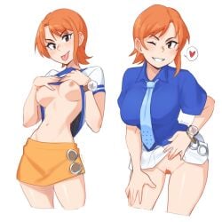 blue_shirt breasts clothes_lift cropped_legs female female_only female_pubic_hair freeblue_necktie going_commando grin heart highres large_breasts miniskirt nami nami_(one_piece) necktie nipples no_bra no_panties one_piece orange_hair orange_skirt pre-timeskip pubic_hair pussy rob_ishi shirt shirt_lift short_hair skirt smile spoken_heart teeth tongue tongue_out