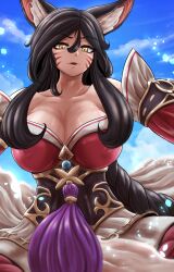 9_tails ahri animal_ear_fluff animal_ears animal_girl big_breasts black_hair breasts busty child_bearing_hips cleavage clothing curvaceous curves curvy curvy_body curvy_figure curvy_hips eyelashes eyeliner eyeshadow facial_markings female fluffy fluffy_ears fluffy_tail fluffy_tails fox fox_ears fox_girl fox_tail furry_tail hips hourglass_figure huge_breasts humanoid inner_ear_fluff kemonomimi kitsune large_breasts league_of_legends light-skinned_female light_skin long_hair multiple_tails nine_tailed_fox pale-skinned_female pale_skin powpill riot_games tail thick_thighs thighs vastaya video_games voluptuous wide_hips yellow_eyes