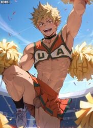 1boy ai_generated ambush_(trap) armpits bakugou_katsuki balls balls_out bobsi cheerleader cheerleader_outfit crossdressing gay happy katsuki_bakugou male male_cheerleader male_only muscular muscular_legs muscular_male my_hero_academia no_panties no_underwear skirt smile solo yaoi