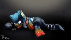 absurd_res arms_tied blue_eyes blush bondage bound collar cuff_(restraint) fan_character feet gag generation_4_pokemon grounded hi_res male metal_cuffs nintendo pokemon pokemon_(species) restraints ring riolu rioni rope rope_bondage semi-anthro solo submissive tail tail_tied zorio