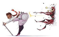 1girls 1robot 2020s 2021 2d 2d_(artwork) apex_legends ass_attack ass_focus attack bent_over big_ass big_butt black_footwear bodysuit bottom_heavy breasts broken_wall brown_hair butt_bump cane color colored cracked_wall destroyed destruction deviantart deviantart_url dyed_hair electronic_arts epic_games evil_eyes evil_face evil_grin evil_smile eyes_popping_out eyeshadow fat_ass female french_braid heels high_heel_boots huge_ass human humanoid impact_lines injured latina latina_female light-skinned_female light_skin loba_(apex_legends) long_hair looking_back makeup motion_lines no_text orange_hair pear_shaped pear_shaped_female red_eyeshadow red_footwear red_heels revenant_(apex_legends) robot robot_humanoid sci-fi science_fiction shark_teeth sharp_teeth shattered simple_background small_breasts smile smiling smug smug_expression smug_smile sodano tan_body tan_skin thin_eyebrows thin_waist two-tone_bodysuit two_tone_footwear two_tone_hair white_background white_bodysuit yellow_eyes