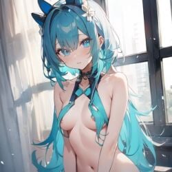 1girls ai_generated alternate_version_available belly_button cute cyan_eyes cyan_hair fake_animal_ears female long_hair looking_at_viewer navel perky_breasts pixai pooplool sole_female solo solo_female