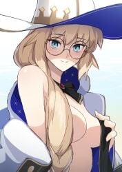 blonde_hair blue_eyes breasts breasts_out drill_hair fate/grand_order fate_(series) female glasses hat kiso_(wjnomcuzqmdjcql) looking_at_viewer morgan_le_fay_(fate) tonelico_(fate) witch_hat