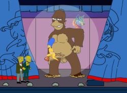 alternate_species ape audience beehive_hairdo being_watched blue_hair canon_couple clapping female homer_simpson huge_balls huge_cock husband_and_wife it'll_never_fit male marge_simpson montgomery_burns pussyjob spotlight stage straight tagme the_simpsons waylon_smithers yellow_body zoophilia