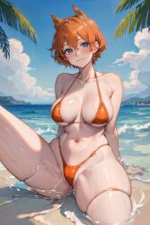 ai_generated beach bikini blue_eyes cameltoe female g-string_bikini genshin_impact orange_bikini orange_hair rule_63 short_hair space_o_space stable_diffusion tartaglia_(genshin_impact)