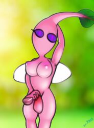 1futa ai_generated alien alien_girl big_penis breasts breasts_out futanari looking_away nervous penis penis_out pikmin pikmin_(species) pikmin_3 pink_skin shy winged_pikmin wings