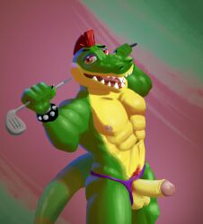 abs alligator alligatorid anthro biceps boner bracelet clothing crocodilian cuffs_(clothing) erection eyeshadow five_nights_at_freddy's five_nights_at_freddy's:_security_breach foreskin genitals golf_club hair hi_res jewelry ks_simp_(artist) looking_at_viewer makeup male male_only montgomery_gator_(fnaf) muscular muscular_anthro muscular_male nails narrowed_eyes nipples pecs penis pink_nipples pose red_hair reptile scalie scottgames sharp_teeth shaved_pussy smile smiling_at_viewer solo speedo spiked_bracelet spikes steel_wool_studios swimwear tail teeth