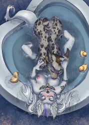 anthro arctic_fox ass bathtime bathtub big_ears breasts canid canine closed_eyes duo ember_(nightdancer) felid feline female female/female fluffy_ears fox fur gimka hair hi_res high-angle_view highlights_(coloring) long_hair long_tail looking_pleasured lynx mammal nipple_fetish nipple_play nipple_suck nipples nude open_mouth piercing rubber_duck short_hair short_tail slim spread_legs spreading sucking tail tattoo tongue tongue_piercing wet wet_body wet_fur zaire_(nightdancer)