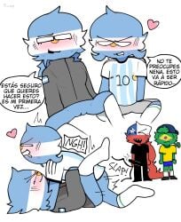 1girls 3boys ambiguous_penetration argentina_(countryhumans) brazil_(countryhumans) chile_(countryhumans) clothed_sex clothing countryhumans countryhumans_girl female heart male princedoesstuff pussy simple simple_background spanish_text text white_background