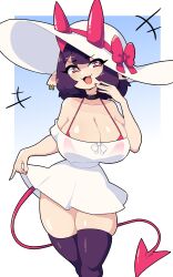 1girls bare_shoulders big_breasts bikini_top black_thighhighs choker dress female female_only hat heart-shaped_pupils hi_res horns j5daigada large_hat looking_at_viewer medium_hair oni oni_horns pointy_ears purple_hair red_eyes selene_(daigada) smiling smiling_at_viewer smug solo tail thick_thighs thigh_squish thighhighs