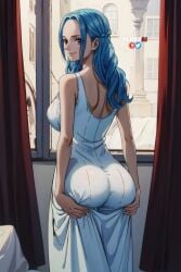 1girls ai_generated ass blue_hair bubble_ass bubble_butt cupping cupping_ass curtains curvaceous cute dress earrings female female_only hands_on_ass holding_ass looking_at_viewer looking_back nefertari_vivi olroxai one_piece oversized_clothes stable_diffusion thin_waist