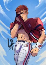 bulge bulge_through_clothing derek_kingsfield exposed_breasts gay jey jock_studio jockstudio(blits_games) male male_only muscular muscular_male red_hair sports_uniform sportswear sweat sweatdrop sweating yaoi