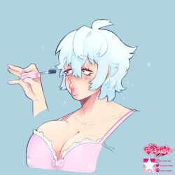 big_breasts big_lips blush bra canon_genderswap cleavage female female_only genderswap_(mtf) ginko_sakata gintama gintoki_sakata gutzart light_blue_hair mascara nipple_bulge red_eyes rule_63 short_hair solo upper_body very_short_hair white_hair