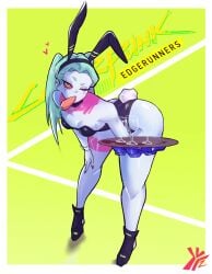 <3 1girl 1girls bent_over big_ass blue_body blue_skin bunny_tail bunnysuit cyberpunk:_edgerunners female female_only fi_zz_ill green_eyes heart holding_object holding_tray huge_ass leaning_forward one_eye_closed rabbit rabbit_ears rebecca_(edgerunners) red_sclera serving_tray solo solo_female solo_focus tagme tray wink