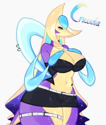 2020s 2023 anthro bare_shoulders big_breasts blonde_hair blue_eyes breasts cleavage clothing cresselia female long_hair midriff nintendo pokemon pokemon_(species) pokemon_dppt shiny_pokemon shorts thick_thighs thighs togetoge wide_hips yellow_hair