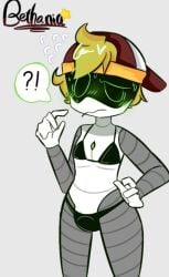 1boy 1femboy 1male 2023 ?! artist_logo bikini black_bikini blush cap confused crossdressing femboy femboy_only glitch_productions green_eyes grey_background male male_only murder_drones robot robot_boy robot_humanoid swimsuit thad_(murder_drones) white_body worker_drone yellow_hair