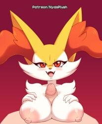 2020s 2023 anthro big_breasts braixen human_on_anthro nintendo nyasplush paizuri patreon pink_nipples pokemon pokemon_(species) pokephilia red_eyes red_hair tairenar titjob