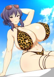 animal_print bikini black_hair breasts brown_eyes cougar curvaceous curvy curvy_body curvy_female curvy_milf dark_hair female female_only gigantic_breasts huge_boobs huge_breasts jabara_tornado leopard_print_bikini lipstick looking_at_viewer marvelous massive_breasts milf rin_(senran_kagura) seductive seductive_look senran_kagura senran_kagura_(series) sitting sitting_down sitting_on_ground smile smiling_at_viewer solo solo_female sunglasses sunglasses_on_head suzune_(senran_kagura) voluptuous voluptuous_female