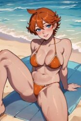 ai_generated beach bikini blue_eyes female g-string_bikini genshin_impact orange_bikini orange_hair rule_63 short_hair space_o_space stable_diffusion tartaglia_(genshin_impact)