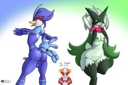 anthro anus ass balls blue_body blue_eyes breasts duo female feral fours_(artist) generation_9_pokemon genitals girly green_body hands_behind_head hi_res humor male meowscarada nintendo penis pokemon pokemon_(species) pokemon_sv pose purple_eyes pussy quaquaval skeledirge small_breasts wide_hips