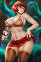 1girls big_breasts bra breasts hanna-barbera magnifying_glass miniskirt neoartcore piercing red_skirt scooby-doo skirt thighhighs tight_clothing velma_dinkley very_short_skirt wide_hips