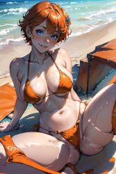 ai_generated beach bikini blue_eyes female genshin_impact orange_bikini orange_hair rule_63 short_hair side_tie_bikini space_o_space stable_diffusion tartaglia_(genshin_impact)