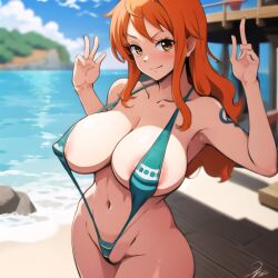 1girls ai_generated beach big_breasts bikini breasts brown_eyes female female_focus female_only large_breasts long_hair mtc272 nami nami_(one_piece) one_piece orange_hair post-timeskip sling_bikini slingshot_swimsuit smile stable_diffusion swimsuit tattoo